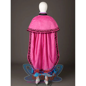 Princess Anna cosplay costume back view centers the long magenta cloak above the blue floral skirt.