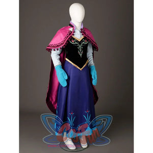 Princess Anna cosplay costume three-quarter view balances the long magenta cloak against the blue floral skirt.