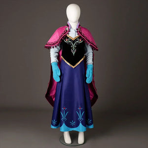 COSFUN Anna cosplay dress front view layers a magenta cloak over an embroidered bodice and blue skirt.