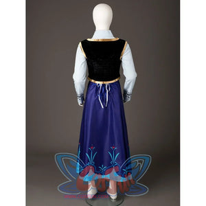 Princess Anna cosplay dress back view sets the black velvet bodice above a full blue skirt with floral edging.