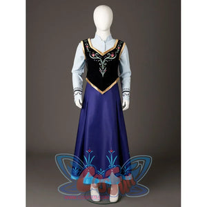 Princess Anna cosplay dress front view pairs an embroidered black bodice with pale blue sleeves and a floral skirt.