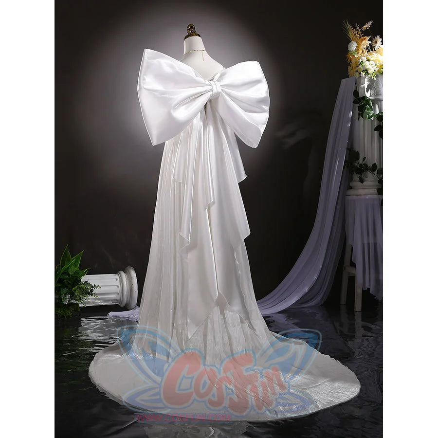 Princess Serenity cosplay gown dress gathers at the back with a large satin bow and flows into a shimmering organza train.