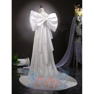 Princess Serenity cosplay gown dress gathers at the back with a large satin bow and flows into a shimmering organza train.