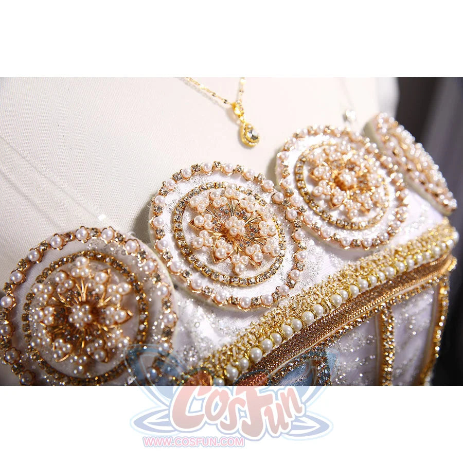 Princess Serenity cosplay gown dress layers pearl-like beadwork around gold-tone embroidery on the bodice.
