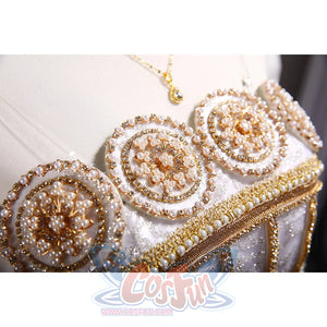Princess Serenity cosplay gown dress layers pearl-like beadwork around gold-tone embroidery on the bodice.