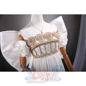 Princess Serenity cosplay gown dress centers satin and organza gown with intricate gold-tone beadwork and back bow.