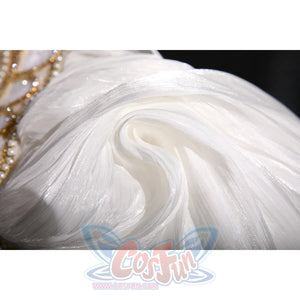 Princess Serenity cosplay gown dress gathers soft white shimmering organza fabric alongside intricate gold-tone beaded trim.