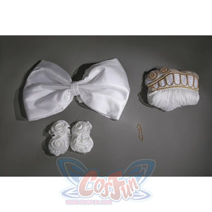 Princess Serenity cosplay gown dress flat lay centers the back bow, bodice piece and floral sleeve pieces.