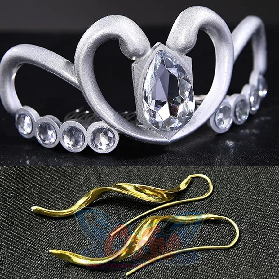 Sailor Soldiers Princess Serenity cosplay crown and earrings pair a silver-tone tiara with curved gold-tone drops.