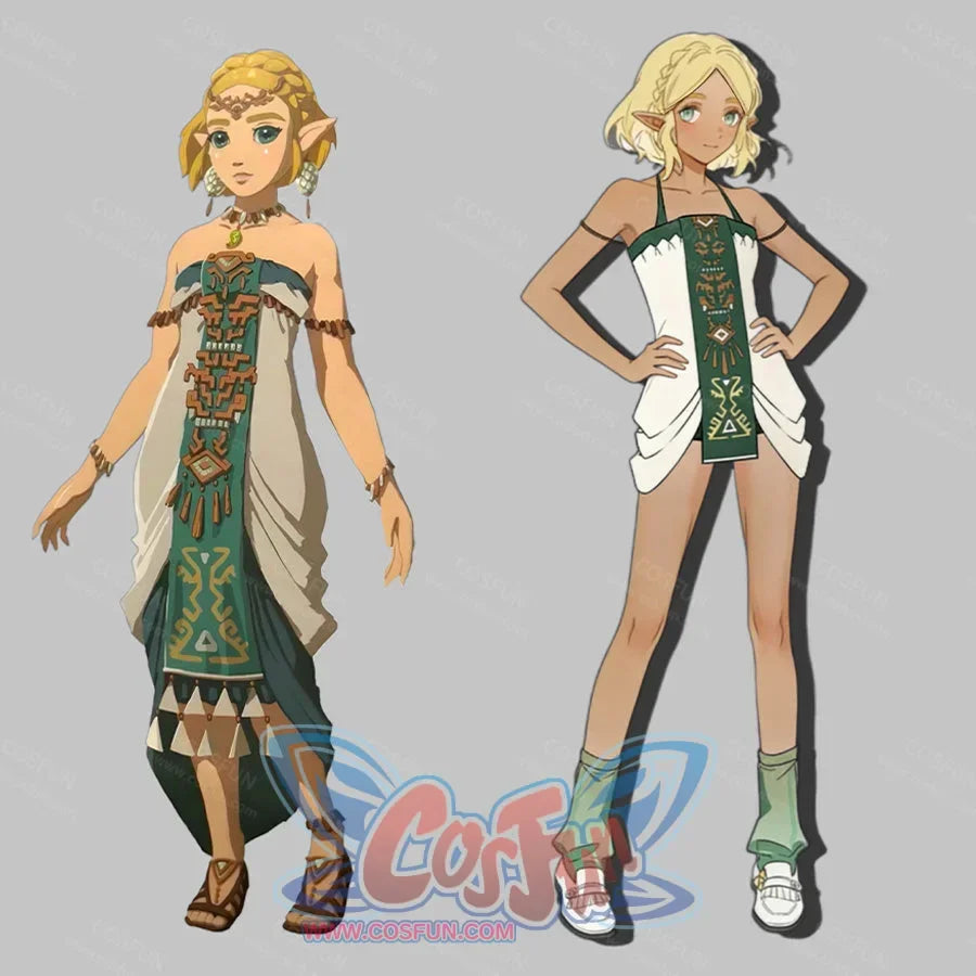 Princess Zelda cosplay swim dress design reference pairs green motifs with cream draped styling.