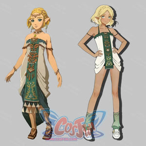 Princess Zelda cosplay swim dress design reference pairs green motifs with cream draped styling.