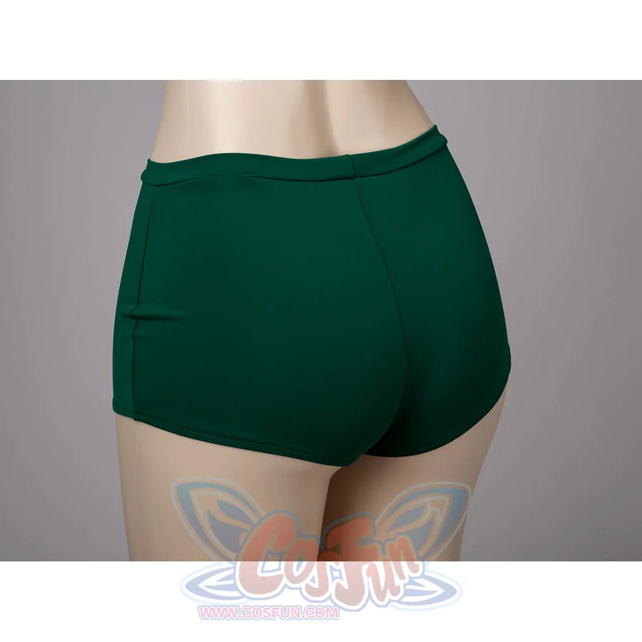 Princess Zelda cosplay swim dress back shorts detail sets smooth green fabric under the draped dress.