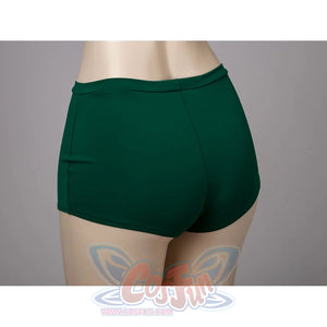 Princess Zelda cosplay swim dress back shorts detail sets smooth green fabric under the draped dress.