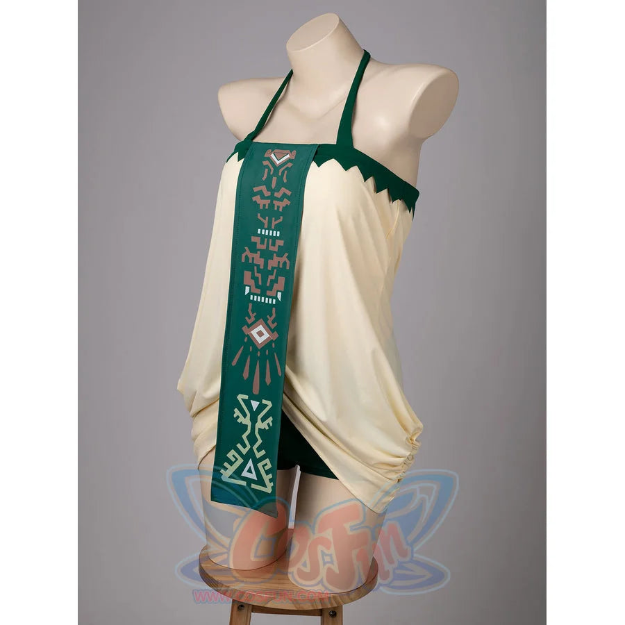 Princess Zelda cosplay swim dress angled view frames cream side draping around the green panel.