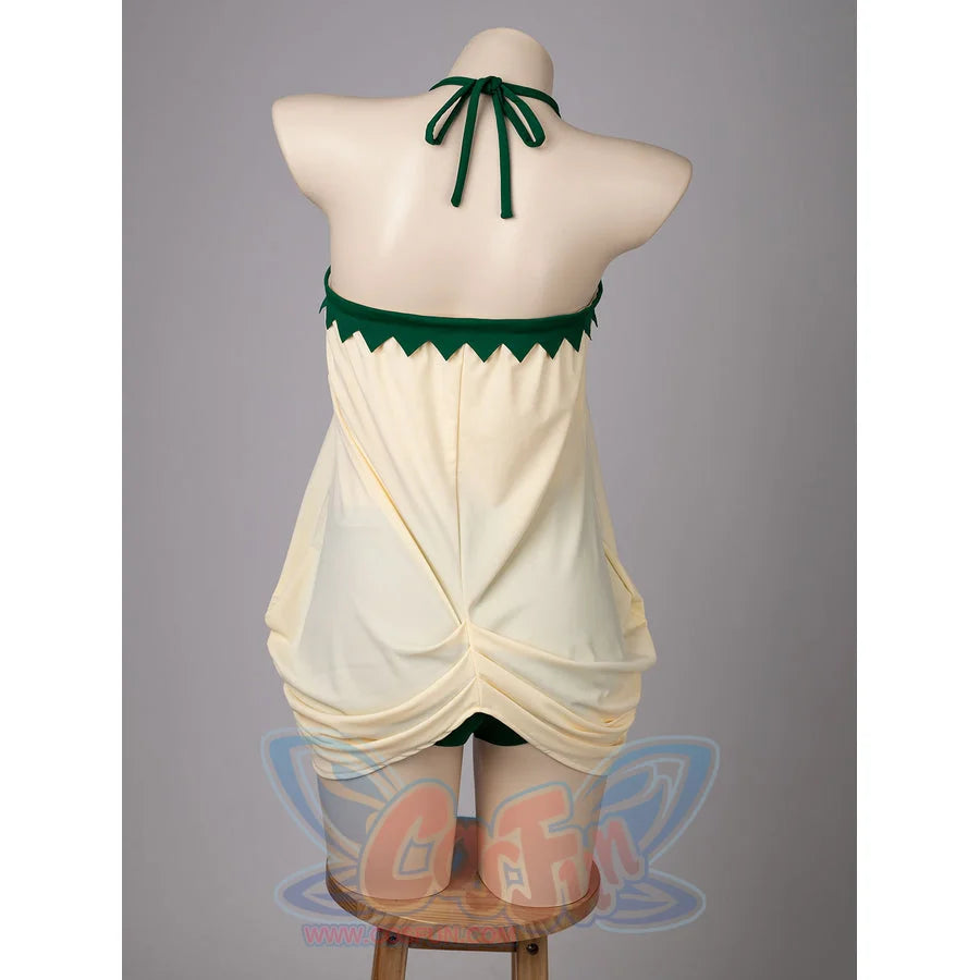 Princess Zelda cosplay swim dress back view crosses cream fabric over green shorts.