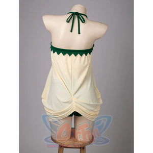 Princess Zelda cosplay swim dress back view crosses cream fabric over green shorts.
