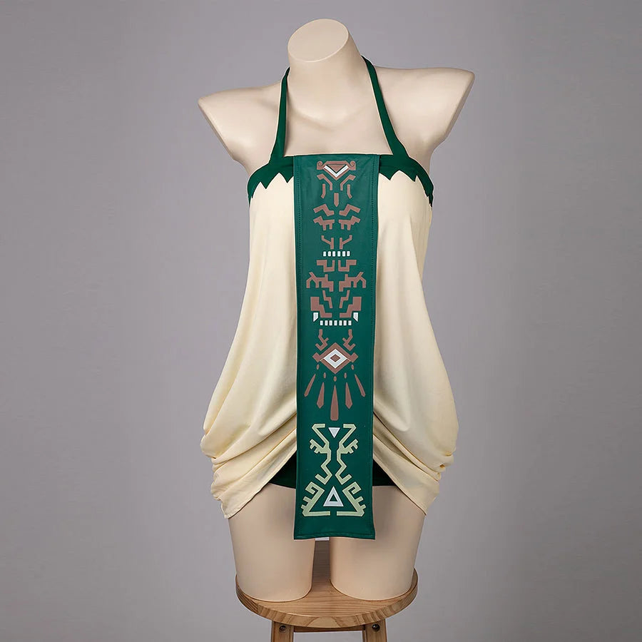 COSFUN The Legend of Zelda Princess Zelda cosplay swim dress frames a green panel over cream drapes.