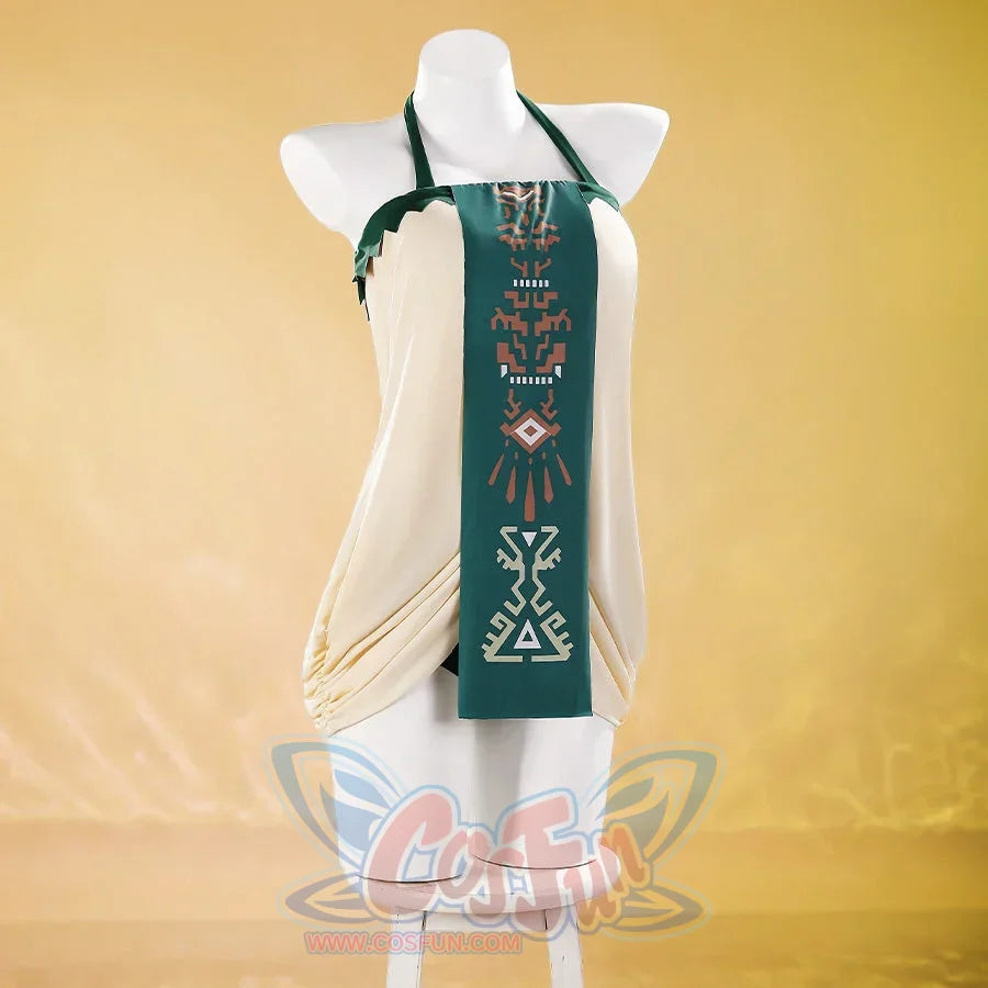 Princess Zelda cosplay swim dress full front view centers cream draping and the green patterned panel.