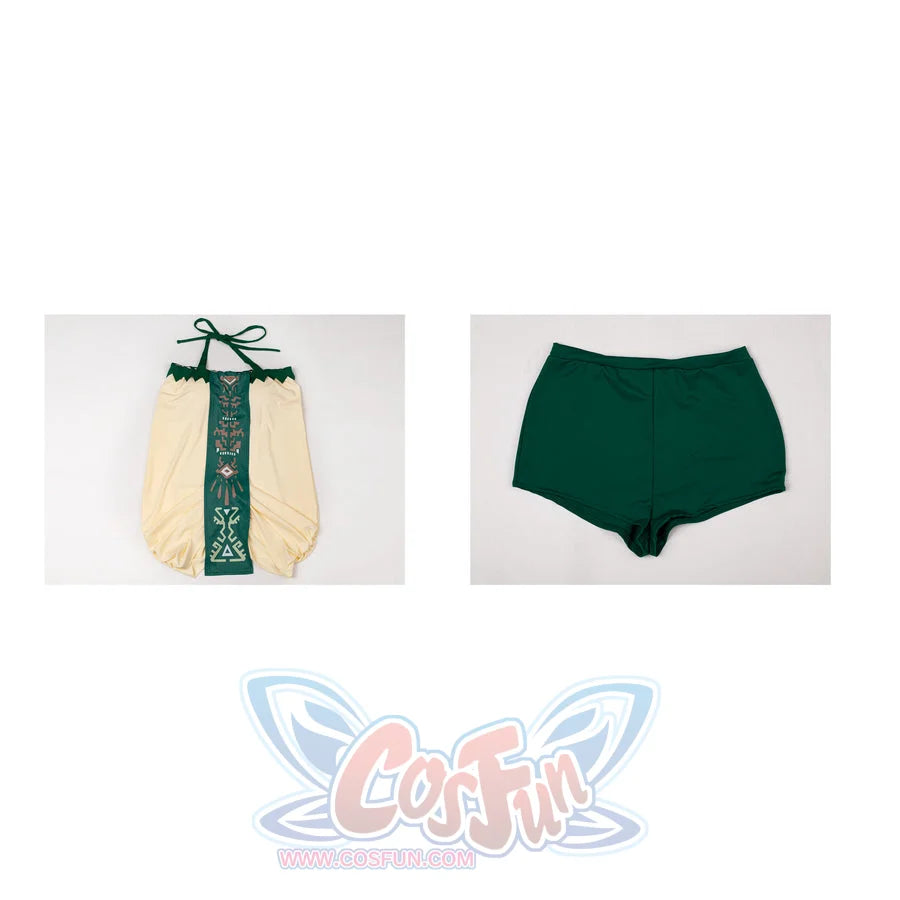 Princess Zelda cosplay swim dress flat lay separates the cream green dress from matching green bottoms.