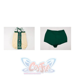 Princess Zelda cosplay swim dress flat lay separates the cream green dress from matching green bottoms.