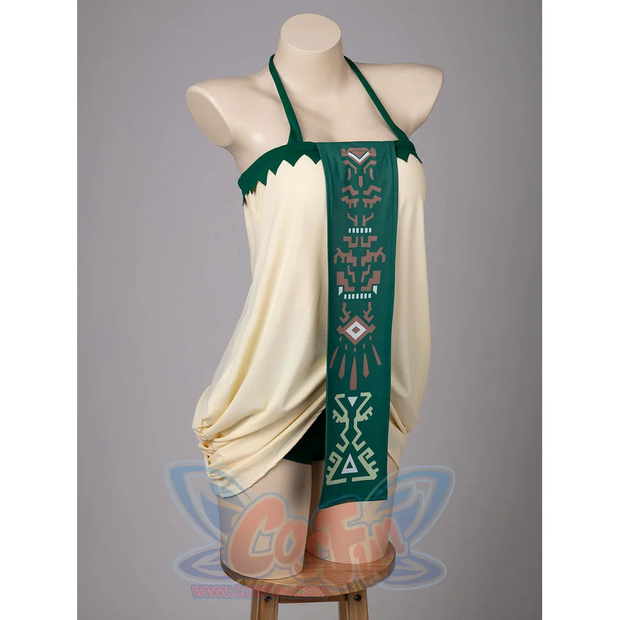 Princess Zelda cosplay swim dress front view centers cream draping and a green patterned panel.