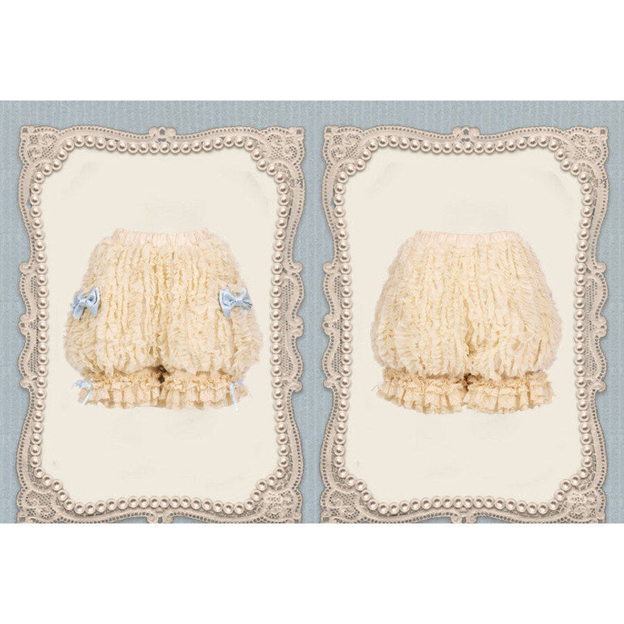 Front and back display of cream pumpkin bloomers with pale blue side bows