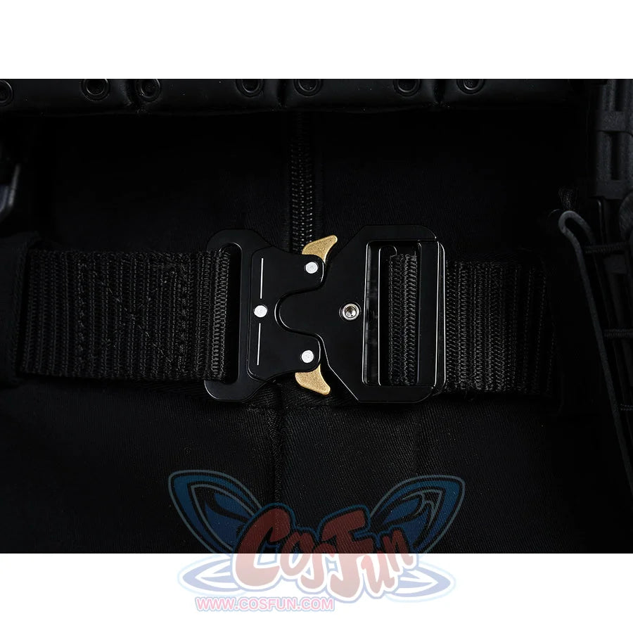 The Punisher Frank Castle cosplay belt detail centers a black buckle over ribbed webbing and gold-tone hardware