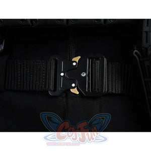 The Punisher Frank Castle cosplay belt detail centers a black buckle over ribbed webbing and gold-tone hardware
