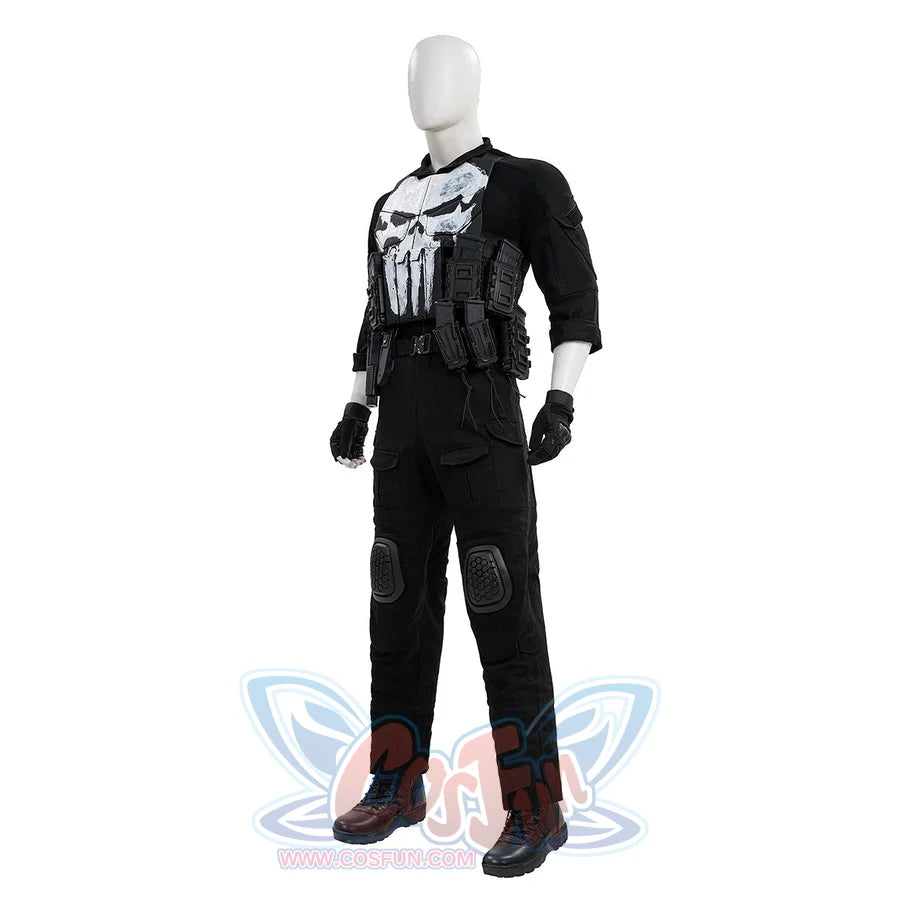 The Punisher Frank Castle cosplay costume angled view highlights skull armor and black tactical layers