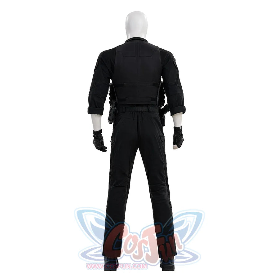 The Punisher Frank Castle cosplay costume back view shows a plain black coat silhouette and fitted pants