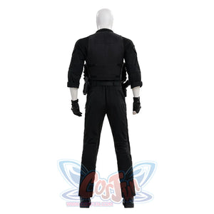 The Punisher Frank Castle cosplay costume back view shows a plain black coat silhouette and fitted pants