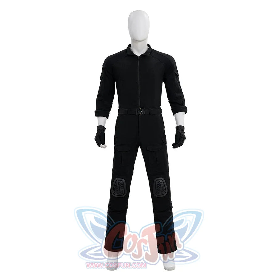 The Punisher Frank Castle cosplay costume front view shows the black base outfit with knee pads and gloves