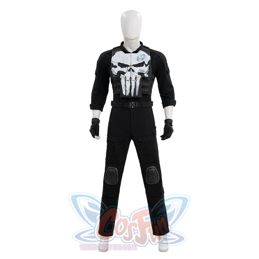 The Punisher Frank Castle cosplay costume front view pairs skull chest armor with black pants and gloves