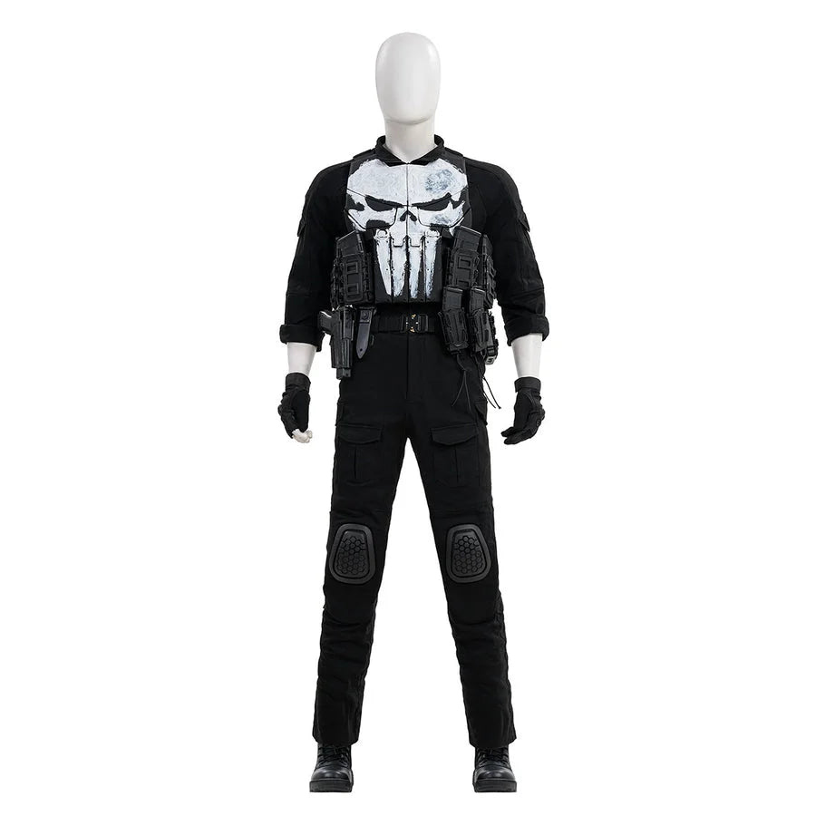 COSFUN The Punisher Frank Castle cosplay costume front view sets skull chest armor over a black tactical outfit