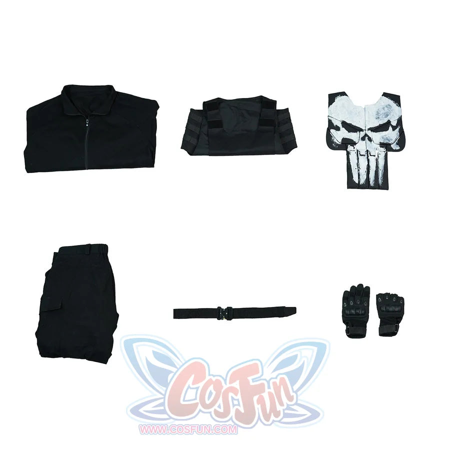 The Punisher Frank Castle cosplay costume flat lay arranges the coat, armor, pants, belt, and gloves