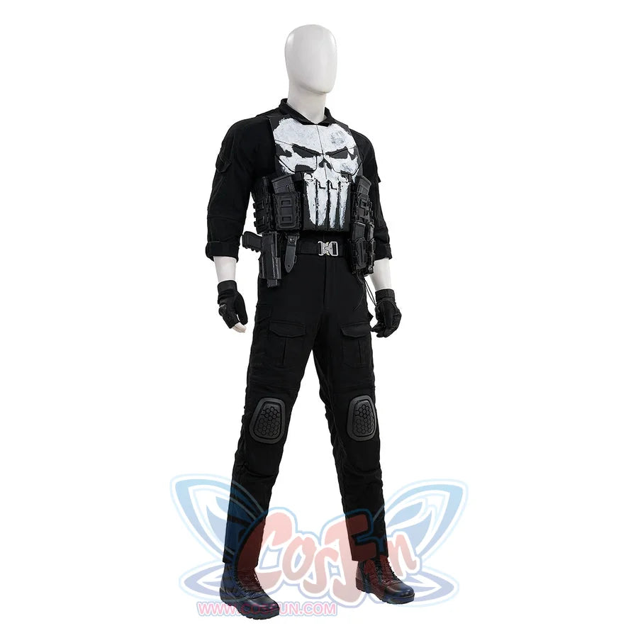 The Punisher Frank Castle cosplay costume three-quarter view frames skull armor over black pants and gloves