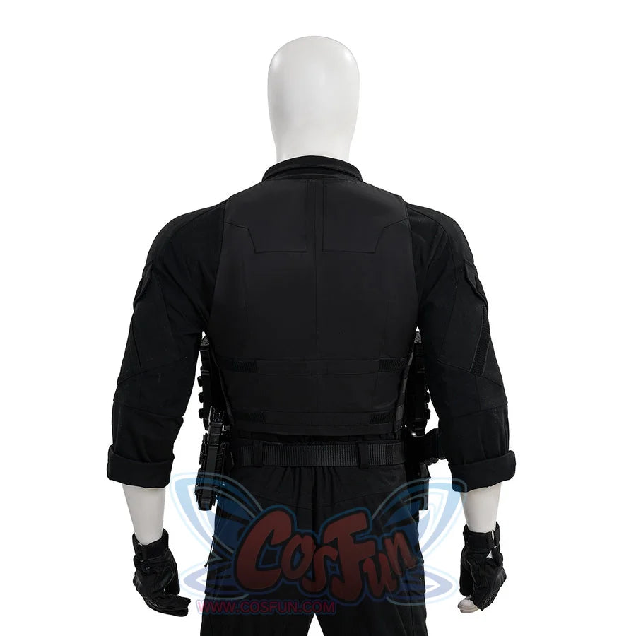 The Punisher Frank Castle cosplay costume upper back view shows a black jacket with a gathered waist