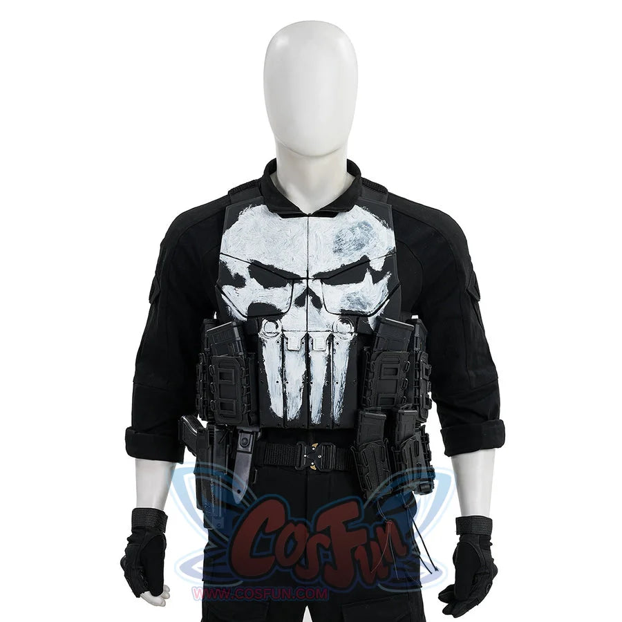 The Punisher Frank Castle cosplay costume upper-body detail centers skull armor above the tactical belt