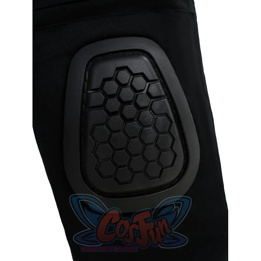 The Punisher Frank Castle cosplay knee pad close-up shows a honeycomb padded panel set into black pants