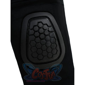 The Punisher Frank Castle cosplay knee pad close-up shows a honeycomb padded panel set into black pants
