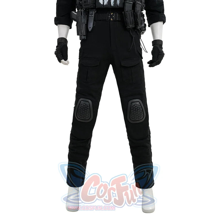 The Punisher Frank Castle cosplay pants front view shows black knee pads beneath the tactical belt