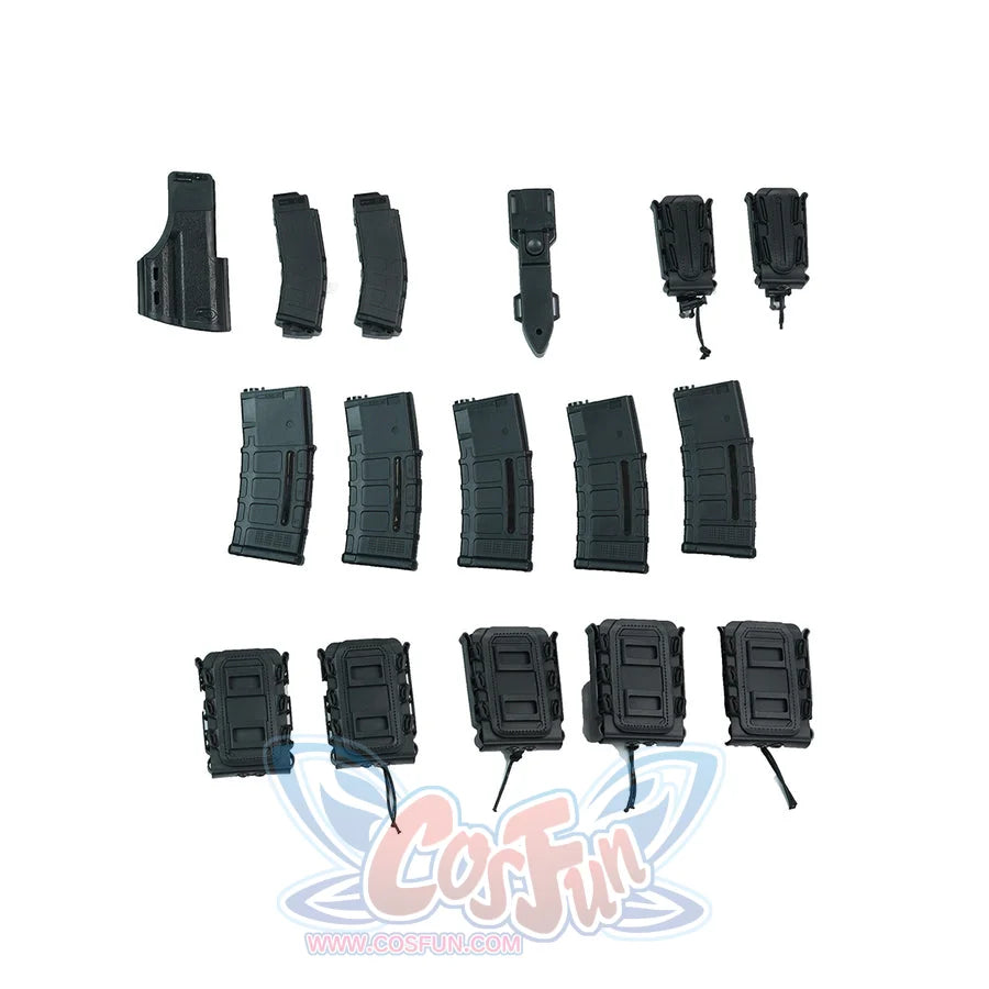 The Punisher Frank Castle cosplay weapon set flat lay groups black prop parts beside holster pieces and pouch details.