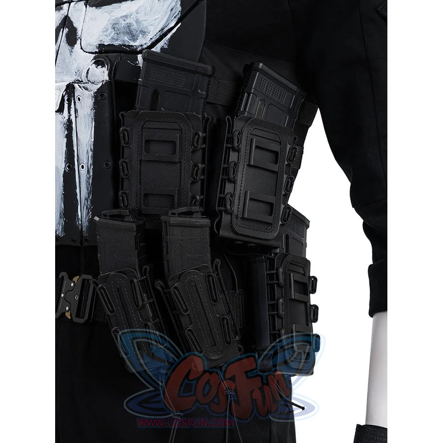 The Punisher Frank Castle cosplay side pouch detail shows black utility pockets set beside the chest armor