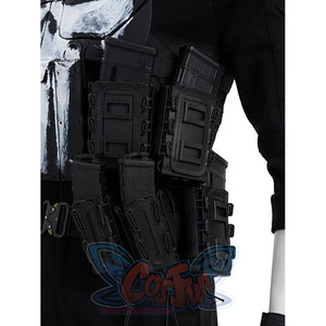 The Punisher Frank Castle cosplay side pouch detail shows black utility pockets set beside the chest armor