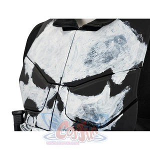 The Punisher Frank Castle cosplay chest armor detail highlights the cracked white skull plate over black fabric