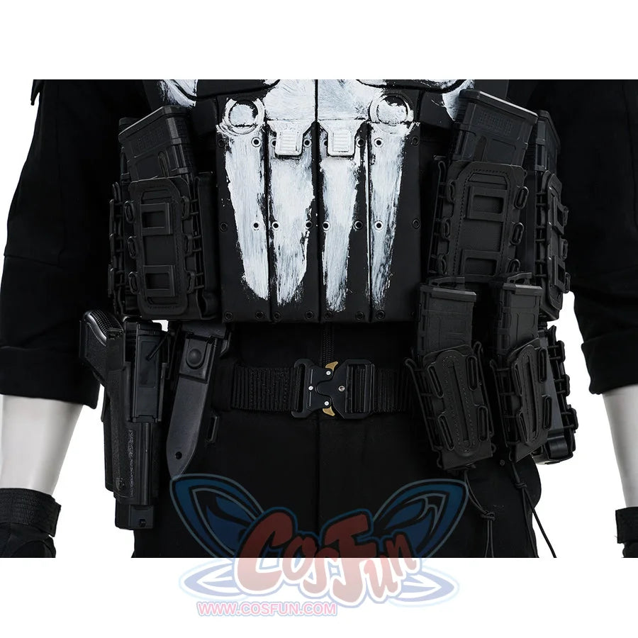 The Punisher Frank Castle cosplay vest detail shows black utility pouches framing the skull chest armor