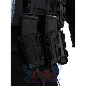 The Punisher Frank Castle cosplay waist detail layers black holsters and pouches along the belt