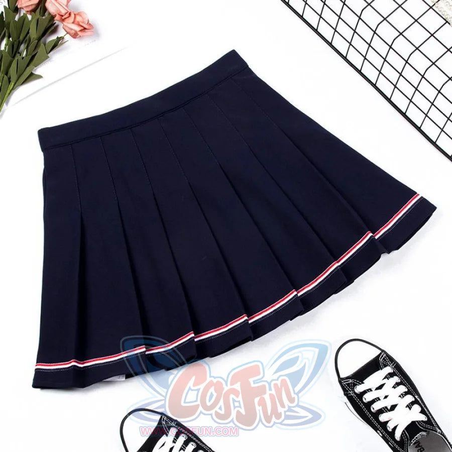 Pure Color Uniform A-Line Hight Waist Pleated Skirt Blue / S
