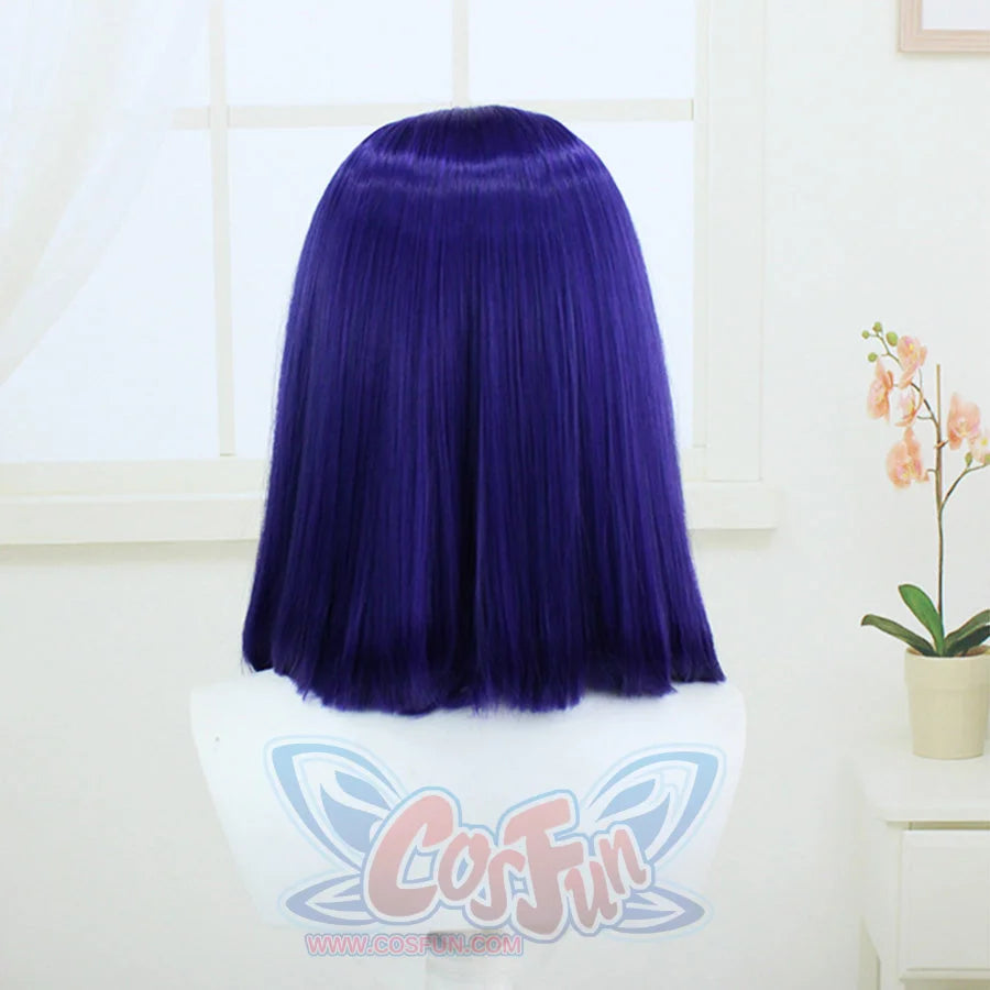Back view of a wig for Raven cosplay costume from Teen Titans with smooth blue purple blunt cut hair