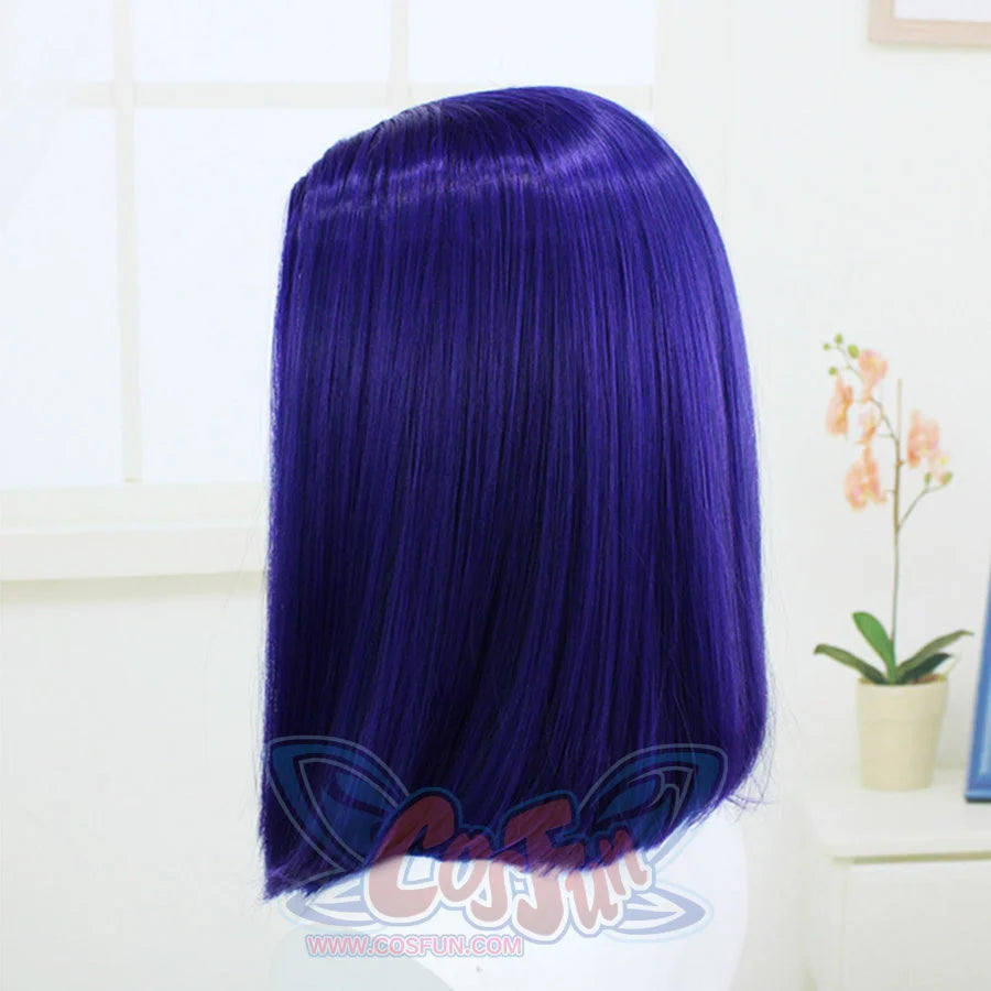 Rear angled view of a wig for Raven cosplay costume from Teen Titans showing straight shoulder length hair